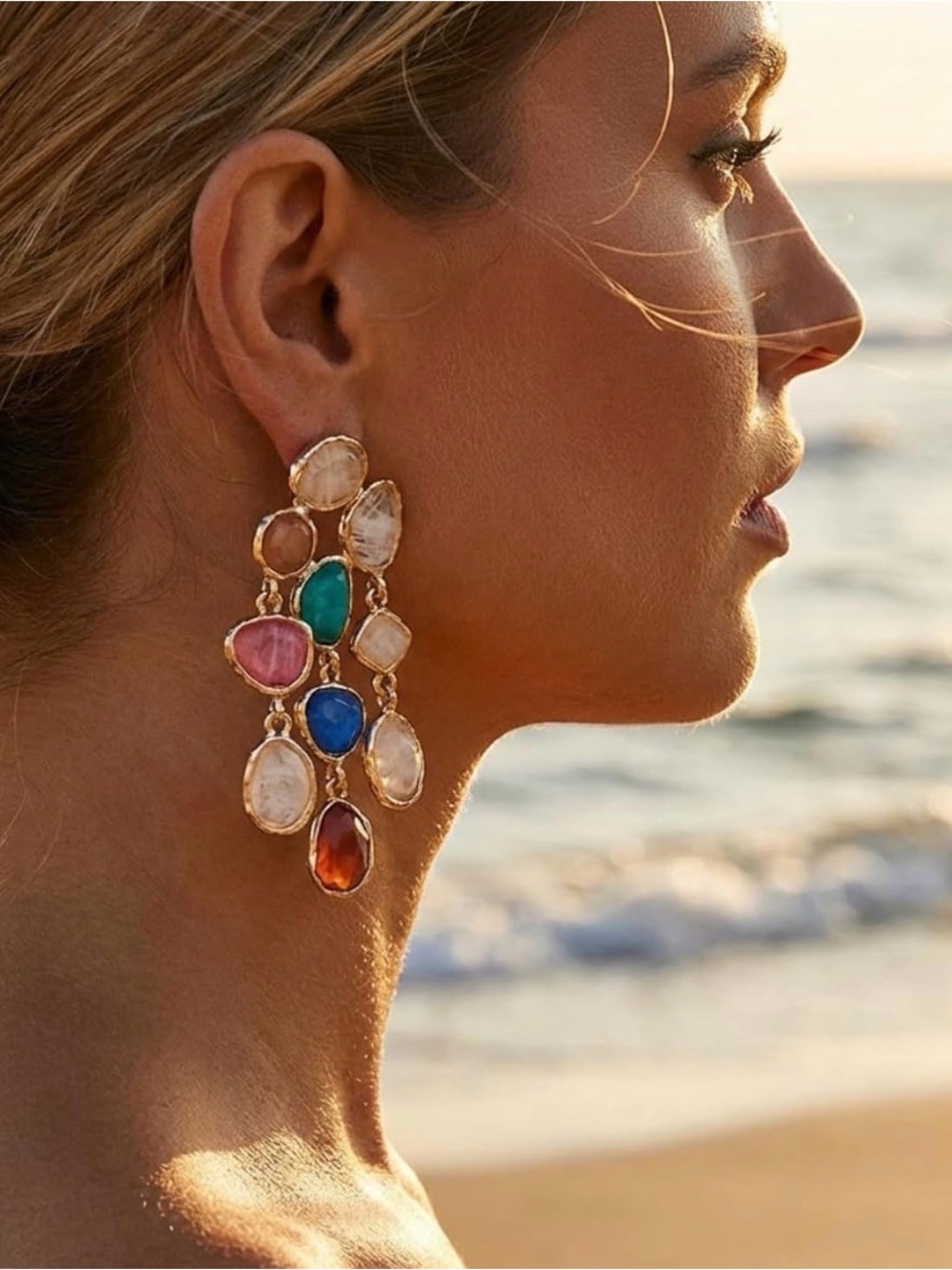 Multicolor Gemstone Drop Earrings - Gold Tone - Picture 6 of 8